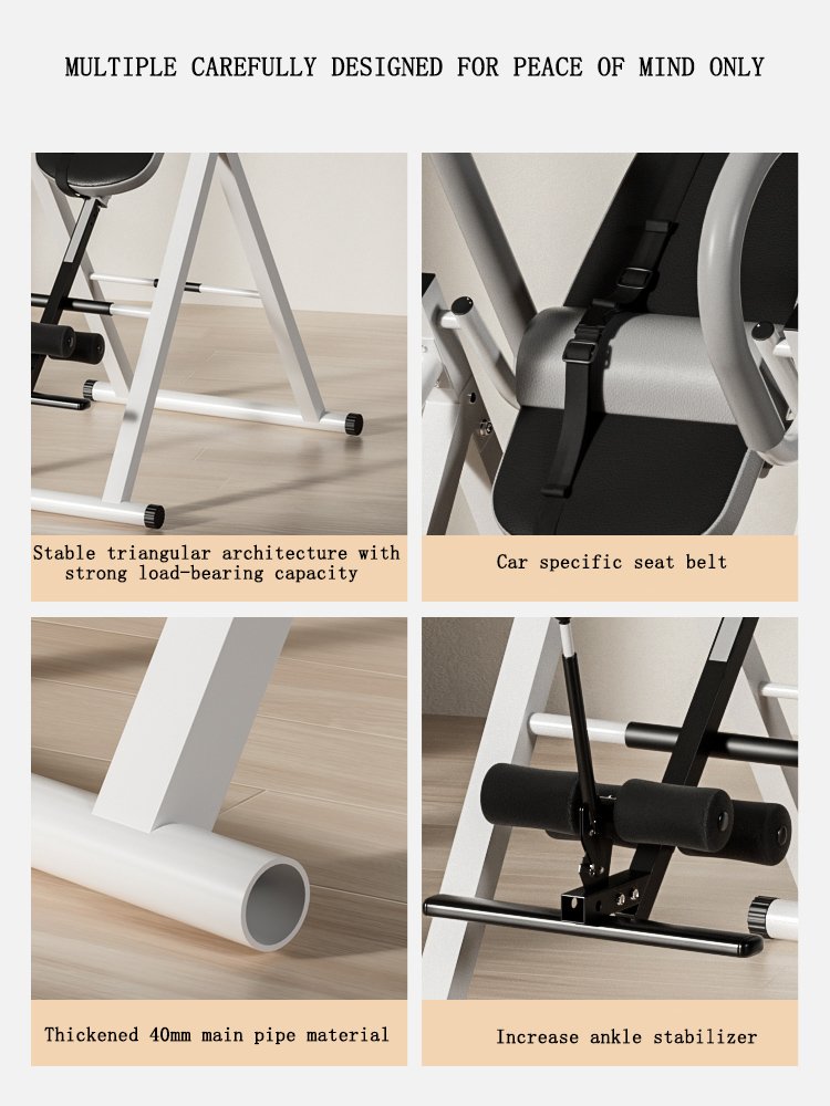 MK-T500 Handstand Machine structural safety and support details MK-T500 Handstand Machine showing triangular frame safety belt and ankle stabilizer